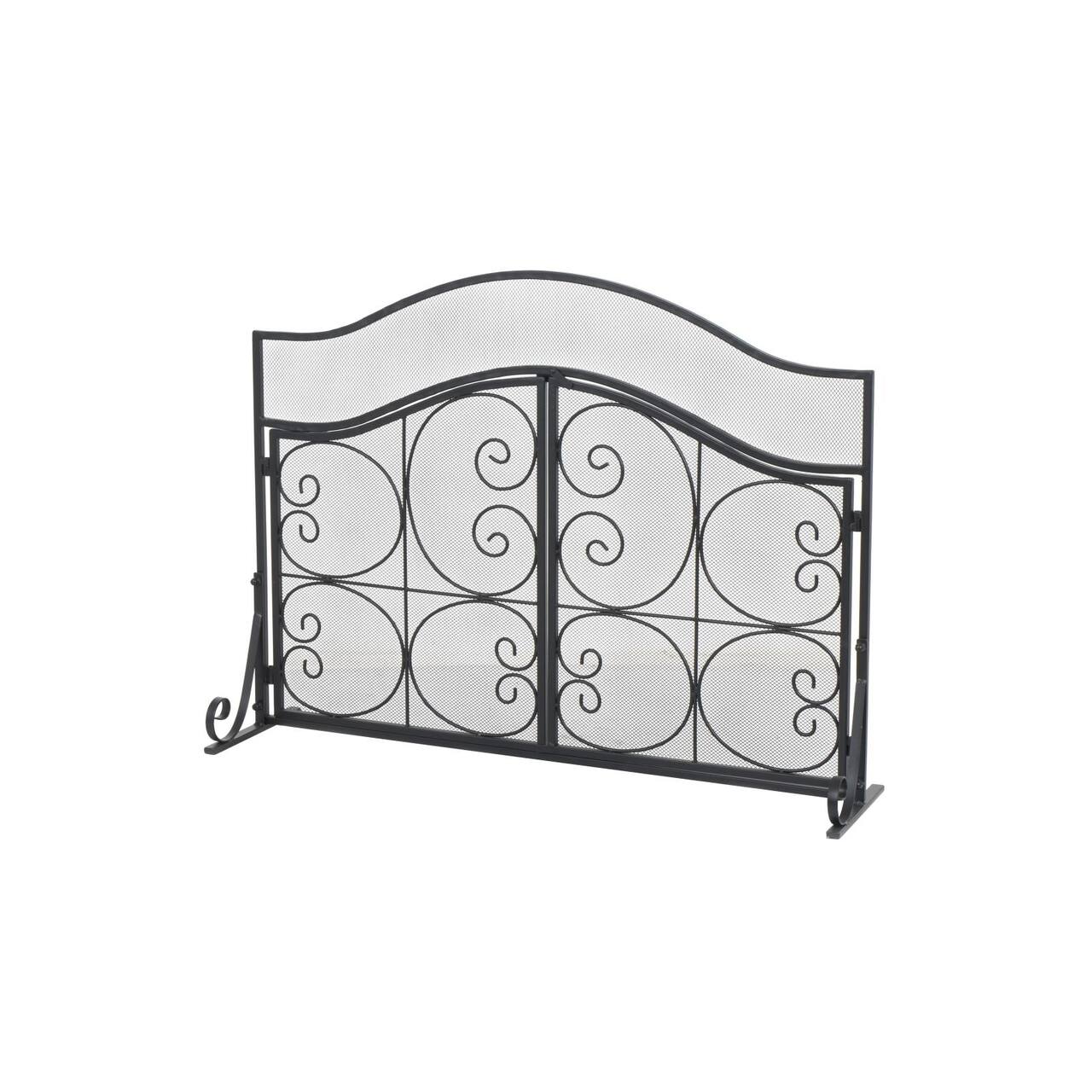 41" Black Metal Scroll Arched 1-Panel 2-Door Fireplace Screen with Mesh Backing
